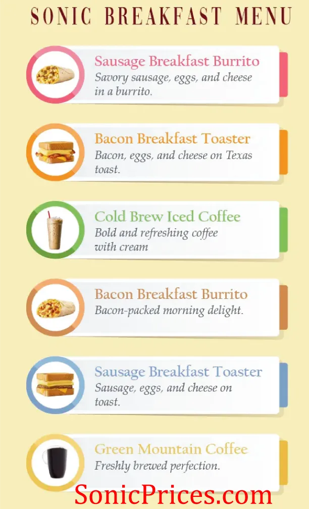 Sonic breakfast menu