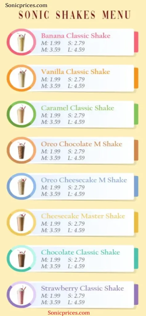 Sonic Shakes Menu With Prices