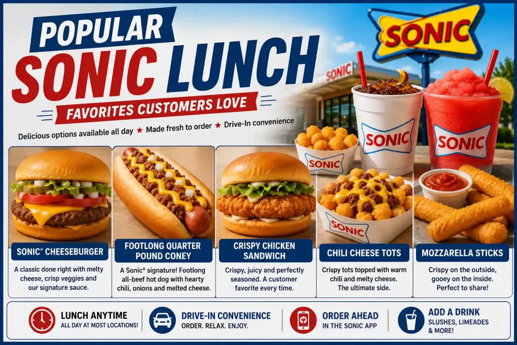 When Does Sonic Serve Lunch? Hours, Menu & Best Time to Order (2026 Guide) 3 Popular Sonic lunch menu including burgers, hot dogs, chicken sandwiches, and tots