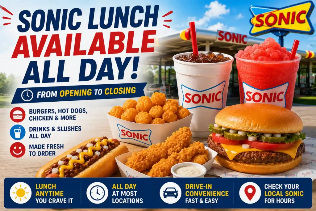 When Does Sonic Serve Lunch? Hours, Menu & Best Time to Order (2026 Guide) 4 Sonic lunch available all day at most Drive-In locations