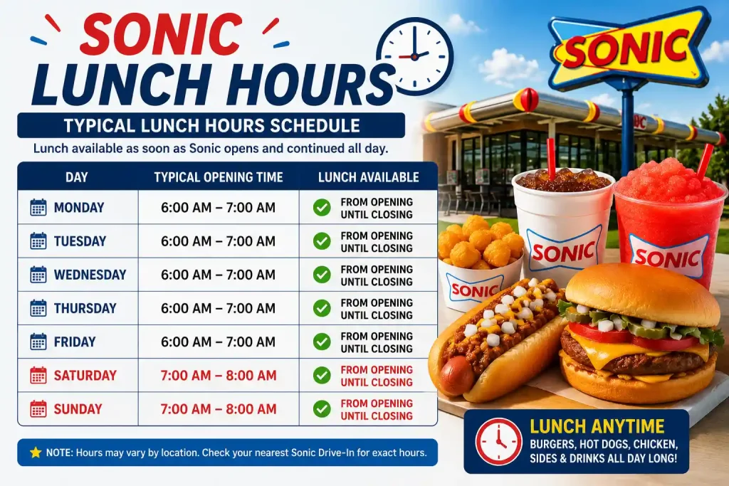 When Does Sonic Serve Lunch? Hours, Menu & Best Time to Order (2026 Guide) 2 Typical Sonic lunch hours schedule for weekdays and weekends